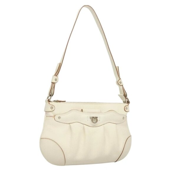 Salvatore Ferragamo Gancini Shoulder Bag Leather White Silver Auth 130905 - Picture 1 of 16